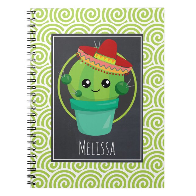 Carnet Cute Cactus dans un Sombrero sur tableau noir (Devant)