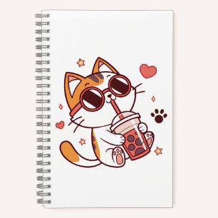 Carnet Cute Chat avec lunettes de soleil Boire Boba Tea