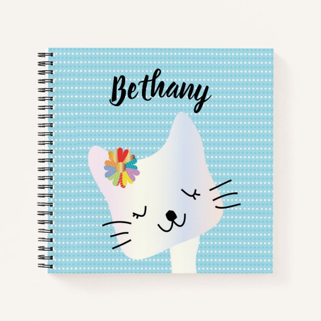 Carnet Cute Chat et Fleurs Dotty Personnalisé (Devant)