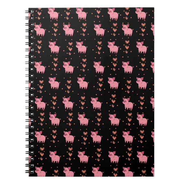 Carnet Cute Cochon Piggy avec Coeur rose Motif Style noir (Devant)