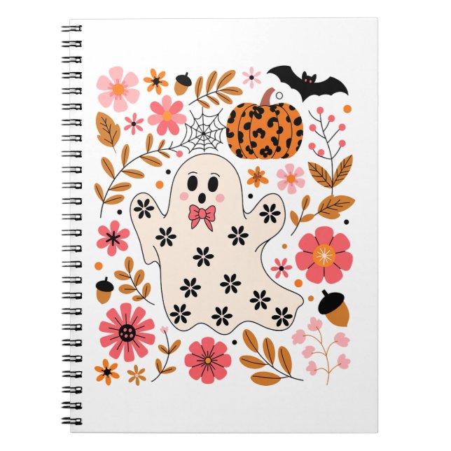 Carnet Cute Fantôme et Citrouille Floral Éffrayant (Devant)