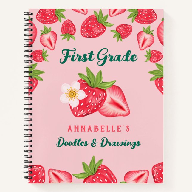 Carnet Cute fraise Nom personnalisé Pink Kids Grade Schoo (Devant)