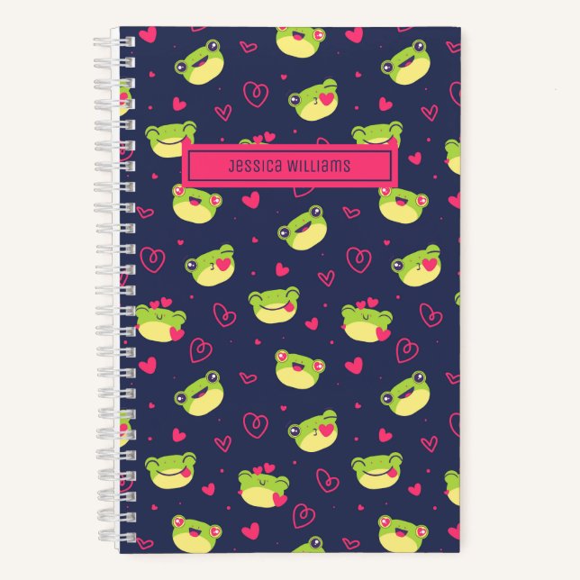 Carnet Cute Frog et Doodle Coeur Motif Marine bleu rose (Recto)