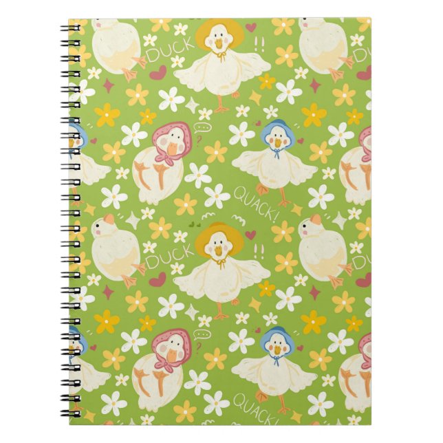 Carnet Cute Green Duck & Daisy Flower Seamless Pattern (Devant)