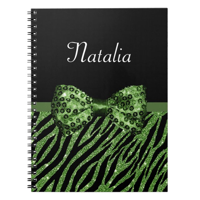 Carnet Cute Green Zebra Print FAUX Glitz Bow avec nom (Devant)