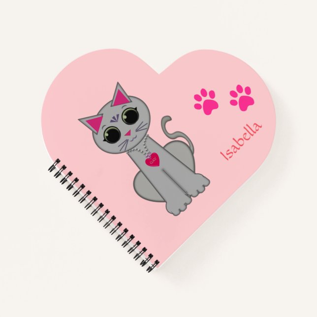 Carnet Cute Grey Chat & Nom Calligraphie sur Rose (Devant)