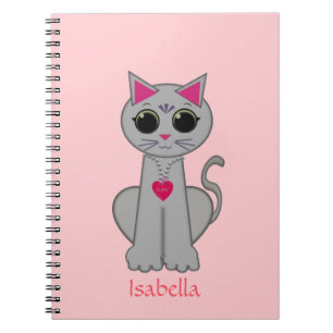 Carnet Cute Grey Chat & Nom Calligraphie sur Rose