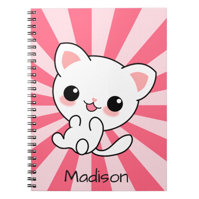 Carnet Cute kawaii Chat blanc Personnalisé rose (Devant)