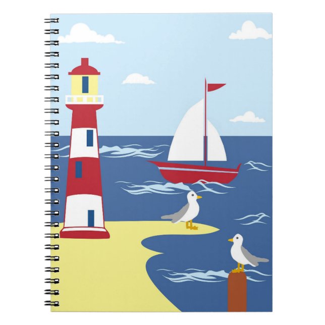 Carnet Cute Lighthouse and Boat Seaside Art (Devant)