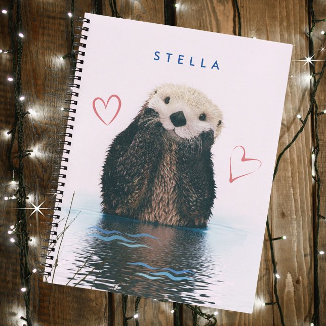 Carnet Cute Otter en Étang avec Arrière - plan rose et Co (Personalize with a name. Available in many styles and many types of interiors.)