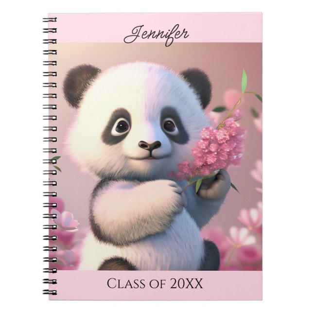 Carnet Cute Panda Ours Fleurs Roses Personnaliser Nom Cad (Devant)
