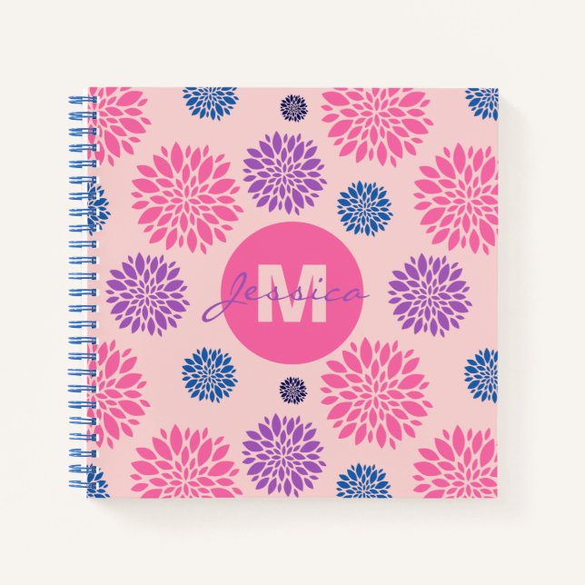 Carnet Cute Pink Purple Blue Floral Pattern Personalised (Devant)