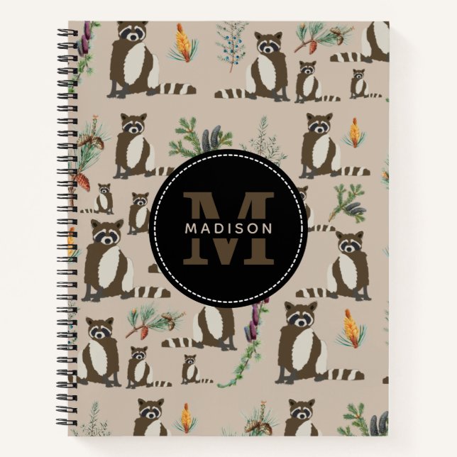Carnet Cute Raccoon dans Pine Forest Motif Monogramme (Devant)