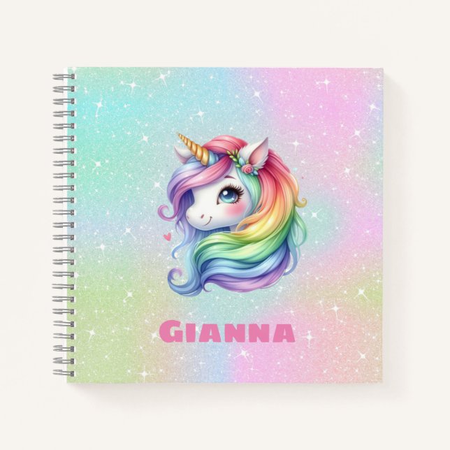 Carnet Cute Rainbow Unicorn Nom personnalisé (Devant)