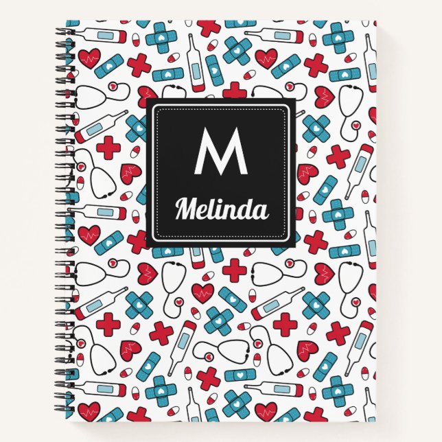 Carnet Cute Rouge Bleu Médicale Motif Infirmière Monogram (Devant)