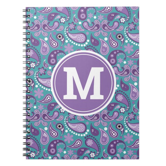 Carnet Cute Shabby Chic Purple et bleu Paisley Monogramme (Devant)