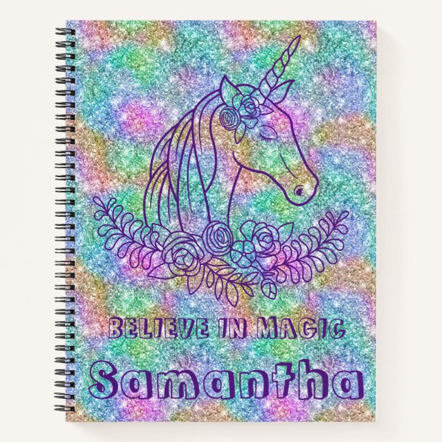 Carnet Cute Sparkling Unicorn Croire en Citation Magique (Devant)