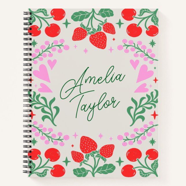 Carnet Cute Strawberry Cherry Aesthetic Personalized Name (Devant)