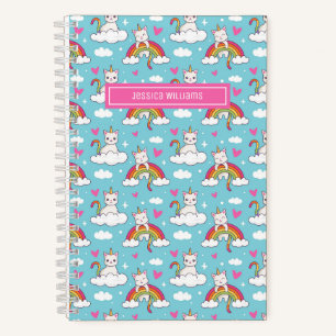 Carnet Cute Unicorn Chat Rainbow Heart Motif Custom Blue