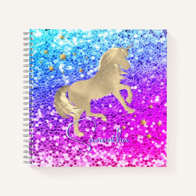 Carnet Cute unicorn rose Parties scintillant arc-en-ciel  (Devant)