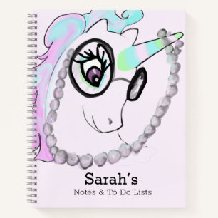 Carnet Cute Unicorne dans les lunettes Nom ou Monogramme