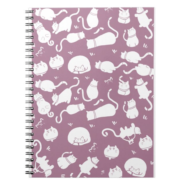 Carnet Cute White Cats Pattern on Mauve Background (Devant)