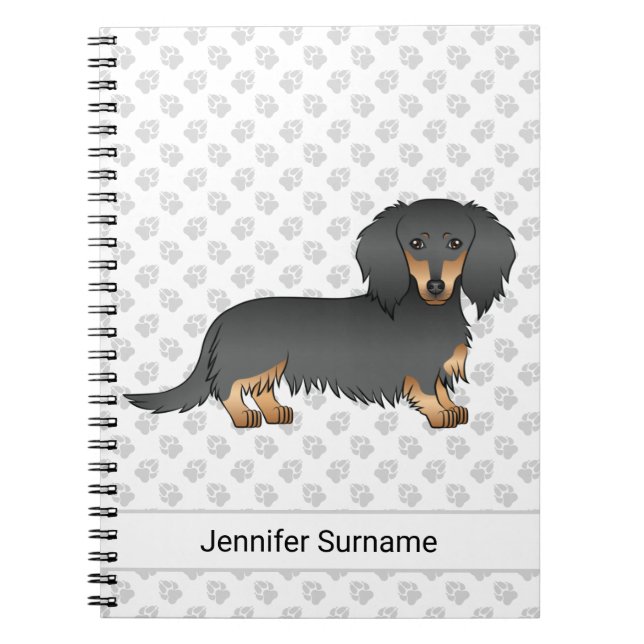 Carnet Dachshund à poil long noir et feu dessin animé chi (Devant)