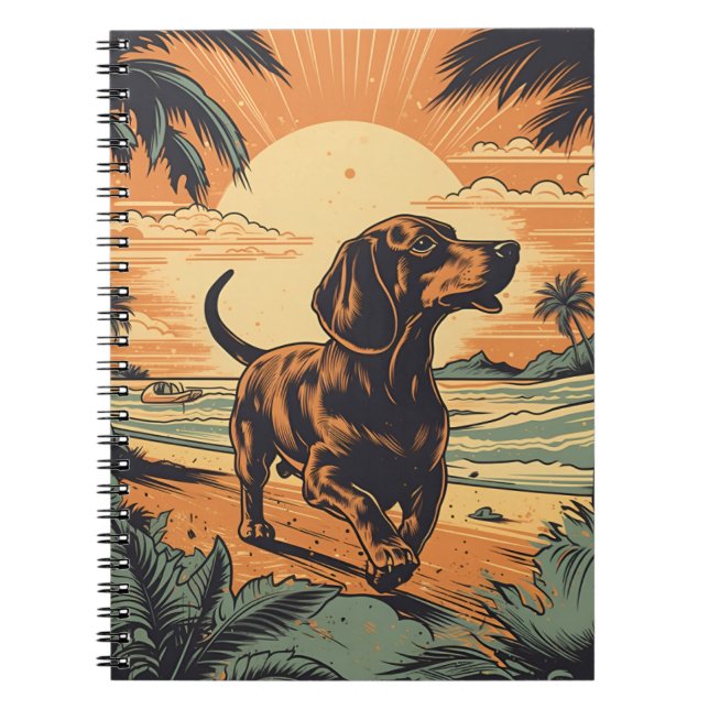Carnet Dachshund sur une plage tropicale au coucher du so (Devant)