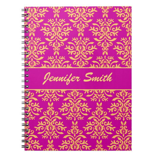 Carnet Damassé élégante d'or et de magenta de roses (Devant)