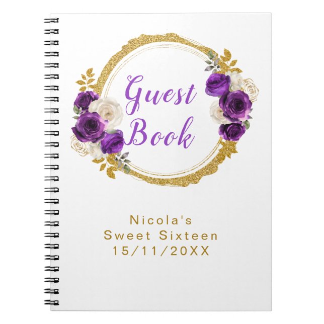 Carnet Dark Purple and Gold Elegant Flower Sweet Sixteen (Devant)