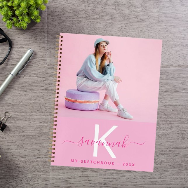 Carnet de croquis personnalisé photo rose monogram (Créateur téléchargé)