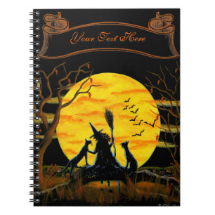 Carnet de Halloween, sorcière et chats noirs