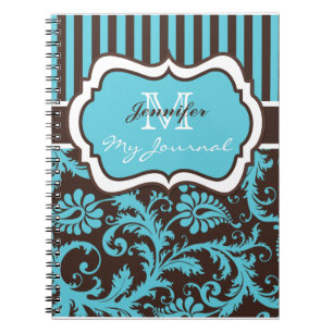 Carnet de journal Brown bleu blanc rayé Damask