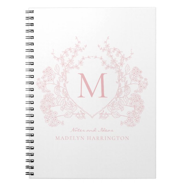 Carnet de monogramme à crête florale rose classiqu (Devant)