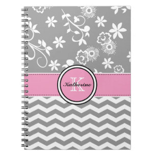 Carnet de notes à spirale rose floral gris de