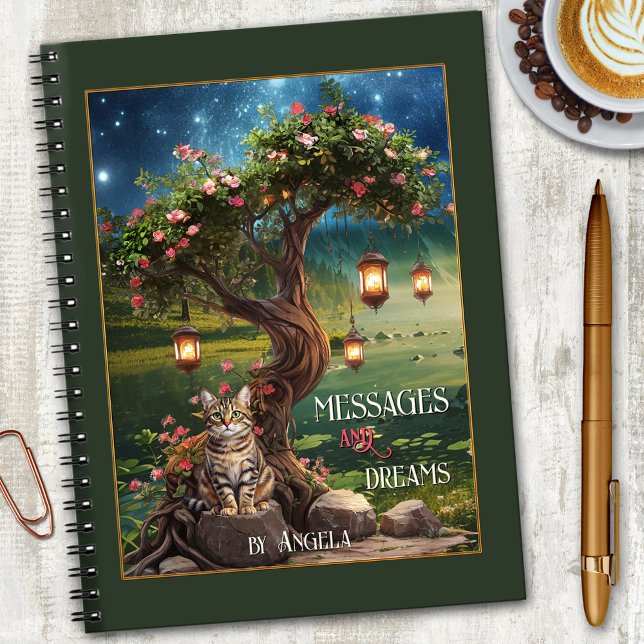 Carnet de nuit pour chats de rêve magique (Magical notebook featuring a cute tabby cat sitting under a lantern-lit tree at night)