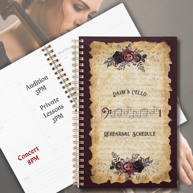 Carnet de planification de répétition de violoncel (Personalized trendy botanical cello rehearsal planners—set your schedule in luxury style. )