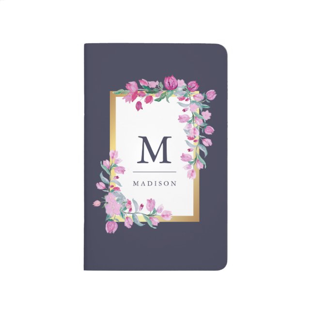 Carnet De Poche Fleurs d'aquarelle bleu nuit, or et rose (Devant)