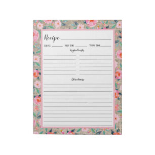 Carnet de recettes en burlap fleuri rose rustique