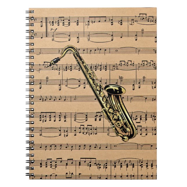 Carnet ~ de saxophone avec l'arrière - plan de musique de (Devant)