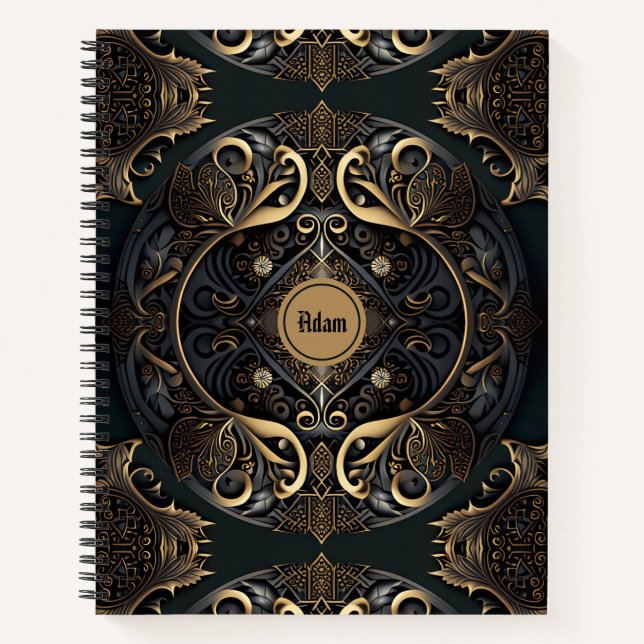 Carnet de spirale médiévale de luxe noir et or (Devant)