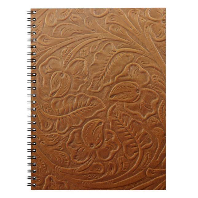 Carnet Décor occidental cowboy floral, cuir marron foncé. (Devant)