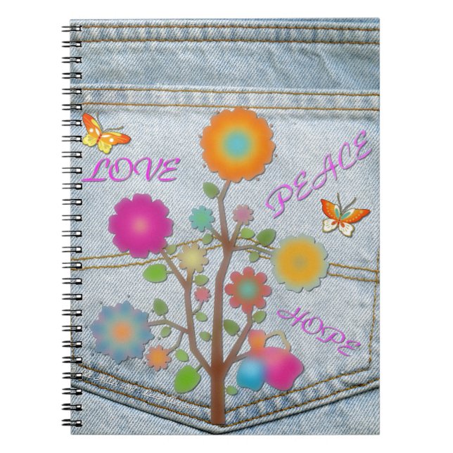 Carnet Denim Back Fleurs de poche Paix Aimer Espoir (Devant)
