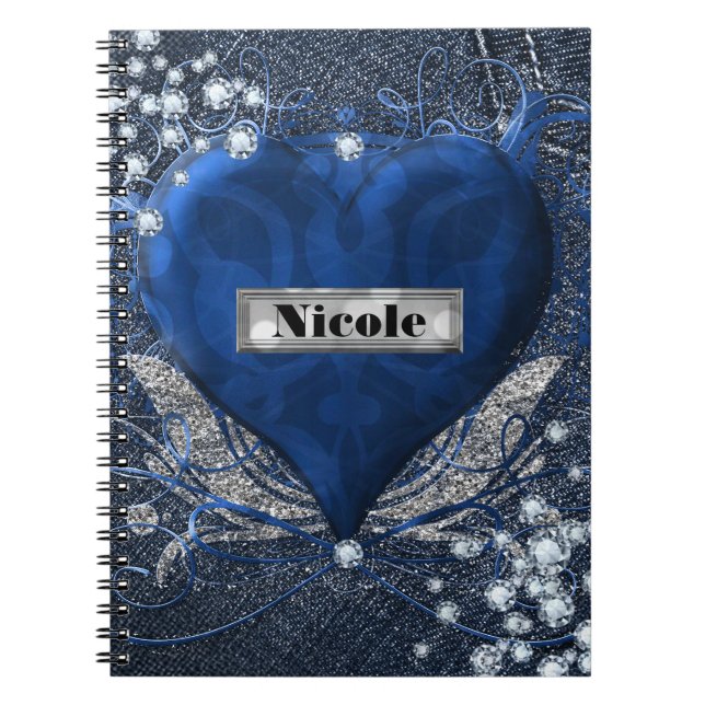 Carnet Denim & Diamonds Coeur Bleu Personnalisé (Devant)