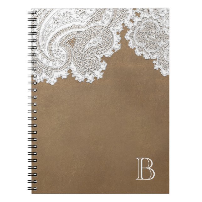 Carnet Dentelle blanche et Brown rustique chic élégant (Devant)