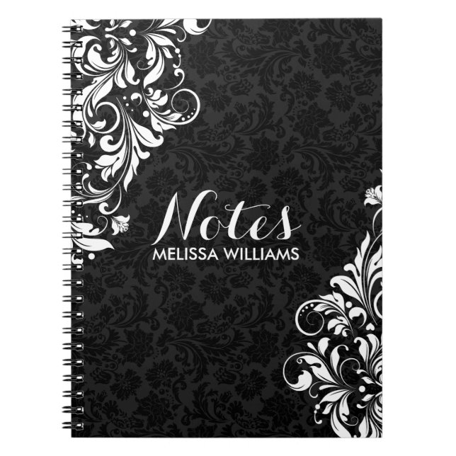 Carnet Dentelle florale blanche et Damas noires (Devant)