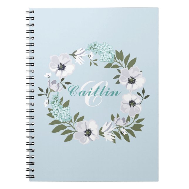 Carnet Design floral noir, blanc et Turquoise monogramme (Devant)