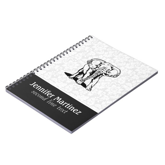 Carnet Dessin de ligne d'éléphant noir mignon monogramme (Côté gauche)
