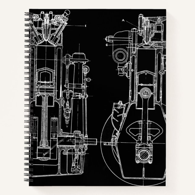 CARNET DESSIN MÉCANIQUE VINTAGE BLUEPRINT BLANC PERSONNAL (Devant)