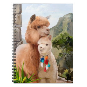 Carnet Deux alpacas moelleux sur l'arrière - plan du lac